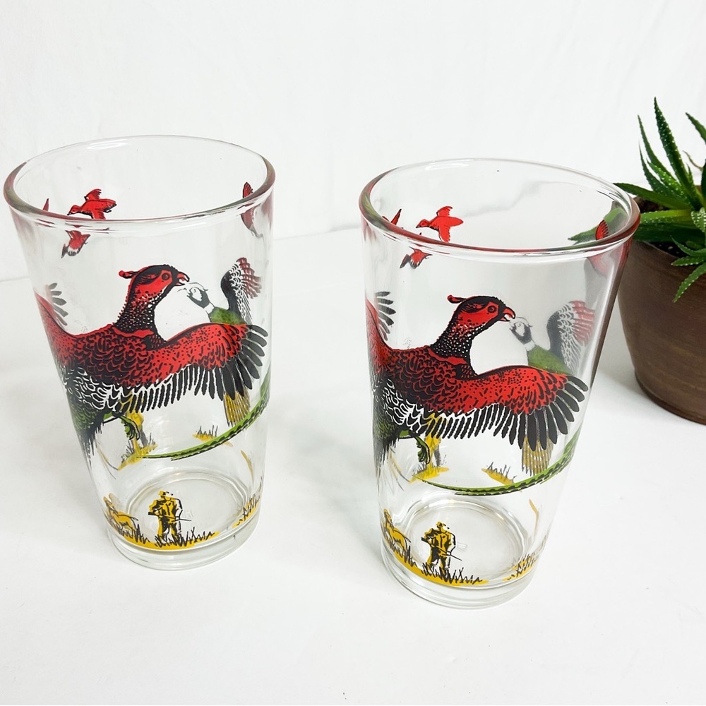 Vintage Pheasant Hunting Glass Tumblers Set Retro Bird Barware - Picture 3 of 9